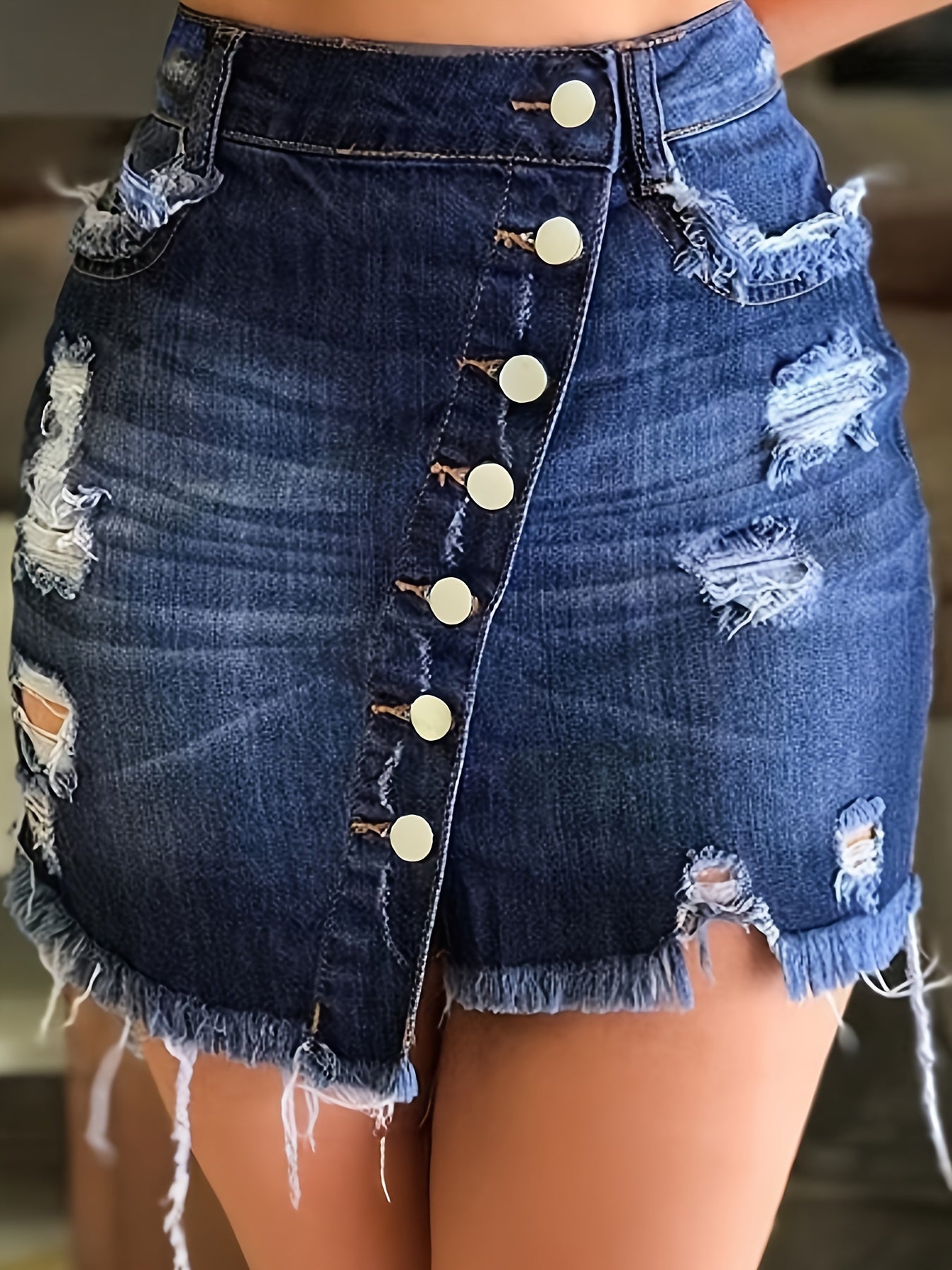 Women's Vintage-Style Denim Mini Skirt with Distressed Details and Raw Hem - Stretchy, Button-Fly Closure, Frayed Edges, Ideal for Spring/Summer/Fall, Denim Skirt